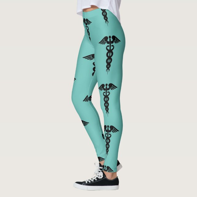 Nurse Medical Caduceus Pattern Teal Black Leggings (Left)