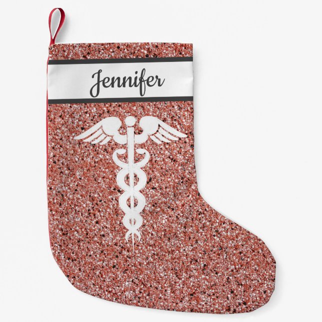 Nurse Medical Caduceus Rose Gold Glitter Name Small Christmas Stocking (Front)