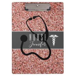 Nurse Medical Caduceus Stethoscope Rose Glitter Clipboard