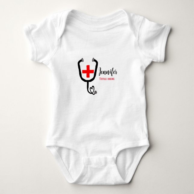 Nurse medical doctor red plus stethoscope add name baby bodysuit (Front)