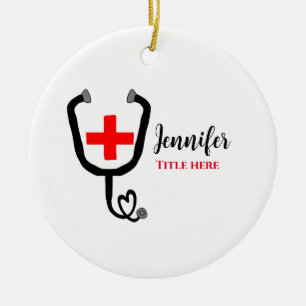 Nurse medical doctor red plus stethoscope add name ceramic tree decoration