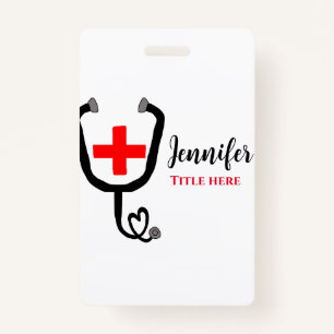 Nurse medical doctor red plus stethoscope add name ID badge