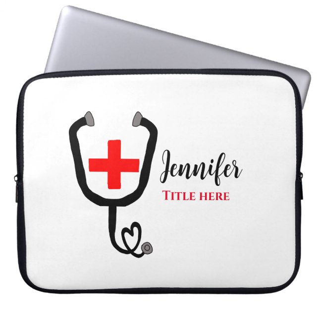 Nurse medical doctor red plus stethoscope add name laptop sleeve (Front)
