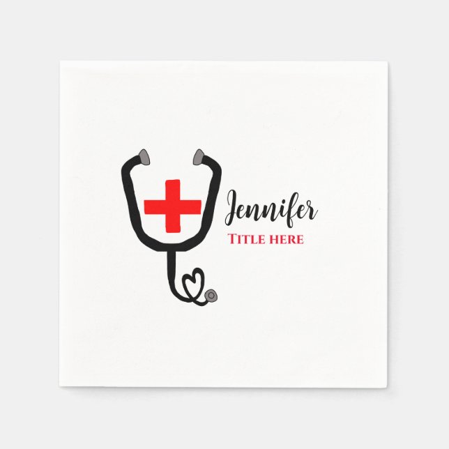 Nurse medical doctor red plus stethoscope add name napkin (Front)