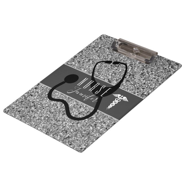 Nurse Medical Stethoscope Silver Glitter Monogram Clipboard (Angled)