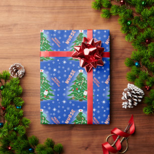 Nurse Merry Christmas Tree blue Background Wrapping Paper