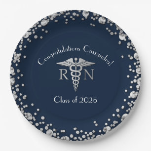 Nurse Nursing School Graduation Navy Blue Silver Paper Plate