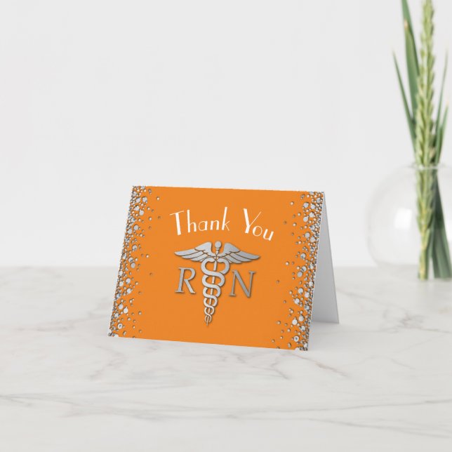 Nurse Nursing School Graduation Orange Silver Thank You Card (Front)