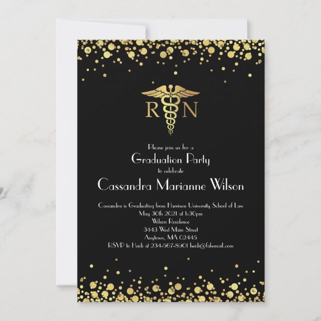 Nurse Nursing School Graduation Party Black Gold Invitation (Front)