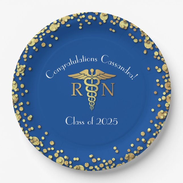 Nurse Nursing School Graduation Party Blue Gold Paper Plate (Front)