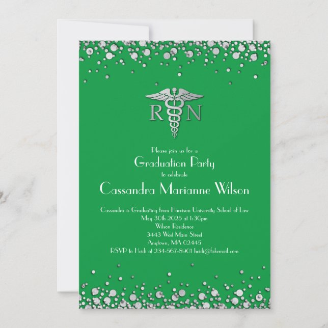 Nurse Nursing School Graduation Party Green Silver Invitation (Front)
