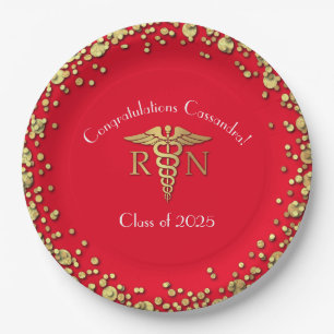 Nurse Nursing School Graduation Party Red Gold Paper Plate