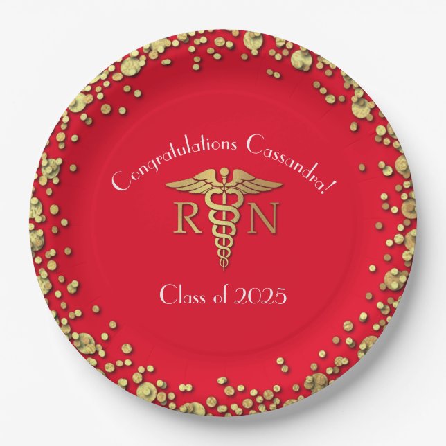 Nurse Nursing School Graduation Party Red Gold Paper Plate (Front)
