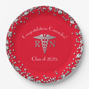 Nurse Nursing School Graduation Party Red Silver Paper Plate