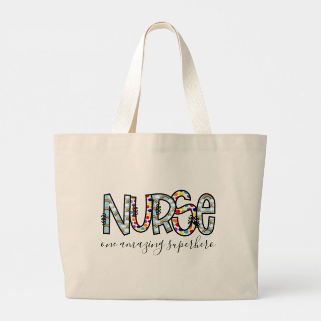 Nurse One Amazing Superhero Modern Typography Large Tote Bag (Back)