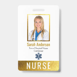 Nurse Photo Logo Barcode Faux Gold Elegant Classic ID Badge