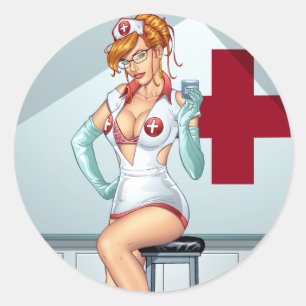 Nurse Pin-up Art Red Head Art by Al Rio Classic Round Sticker