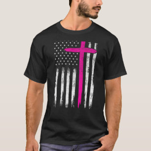 Nurse Pink Cross Christians With American Flag On T-Shirt