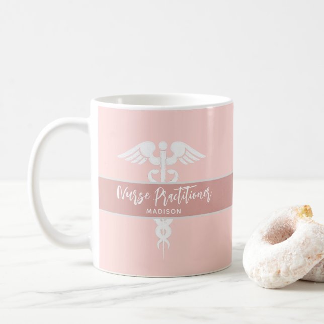 Nurse Practitioner Blush Pink White Personalised Coffee Mug (With Donut)