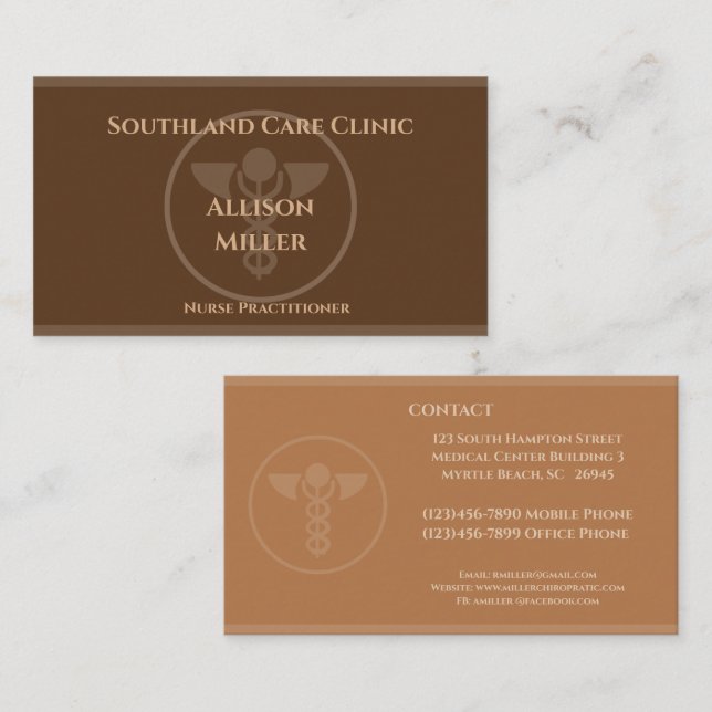 Nurse Practitioner Brown Caduceus Business Card (Front/Back)