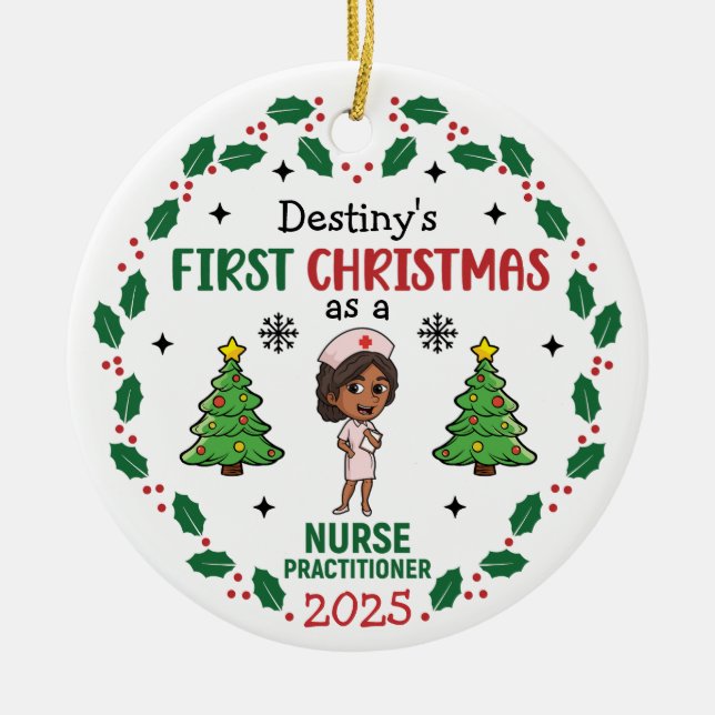 Nurse Practitioner First Christmas Custom Name Ceramic Tree Decoration (Front)