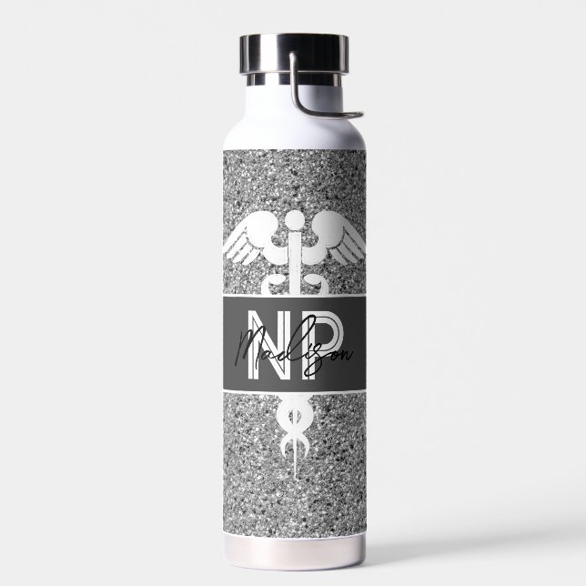 Nurse Practitioner Graduation Silver Personalised  Water Bottle (Left)