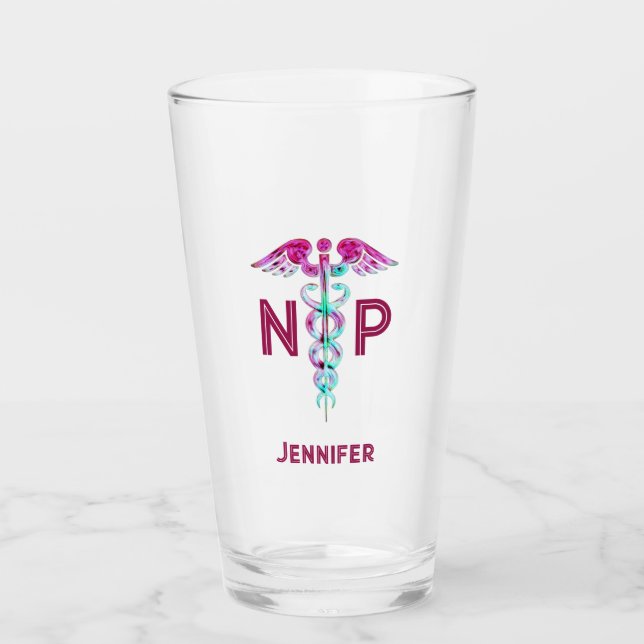 Nurse Practitioner NP Pink Caduceus Personalised Glass (Front)