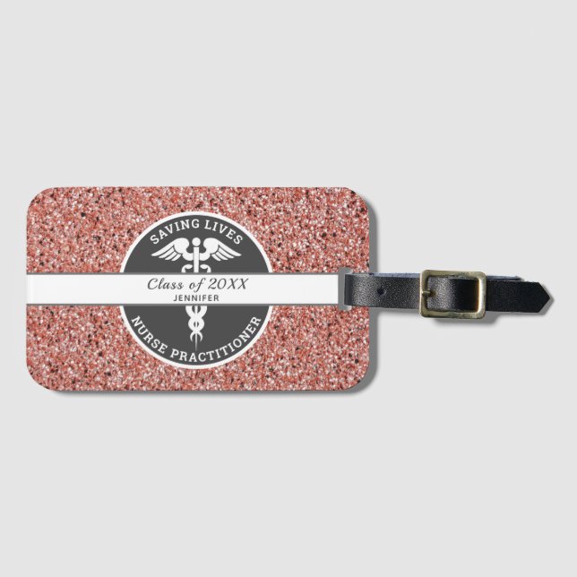 Nurse Practitioner Rose Gold Glitter Personalised Luggage Tag (Front Horizontal)