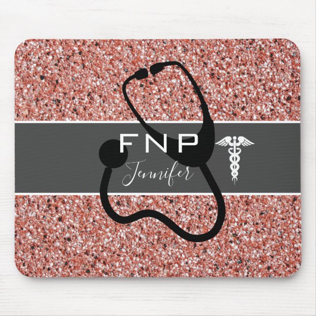 Nurse Practitioner Stethoscope Rose Gold Glitter Mouse Pad (Front)