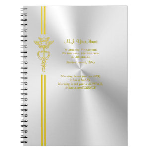 Nurse record keeping with golden caduceus notebook