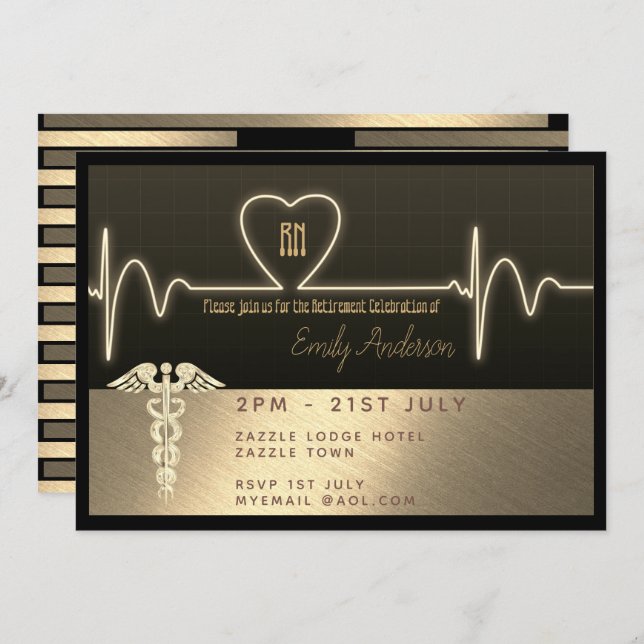 Nurse Retirement Invitation - Black Gold Metallic (Front/Back)