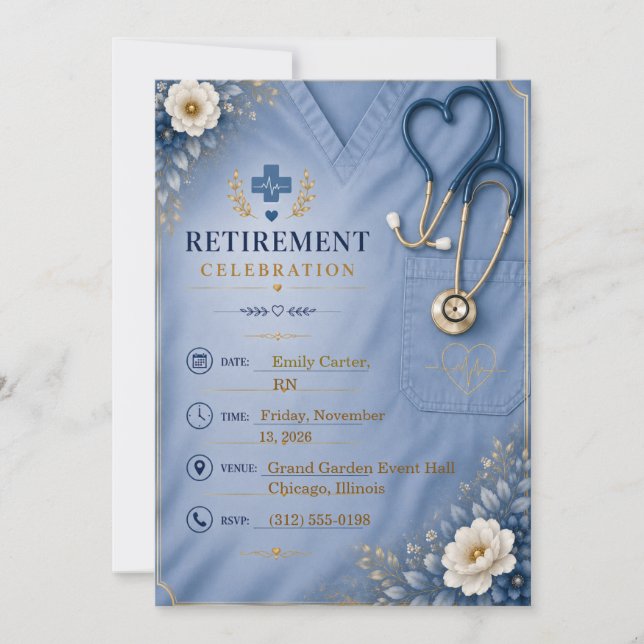 Nurse Retirement Invitation Template | Blue Floral (Front)