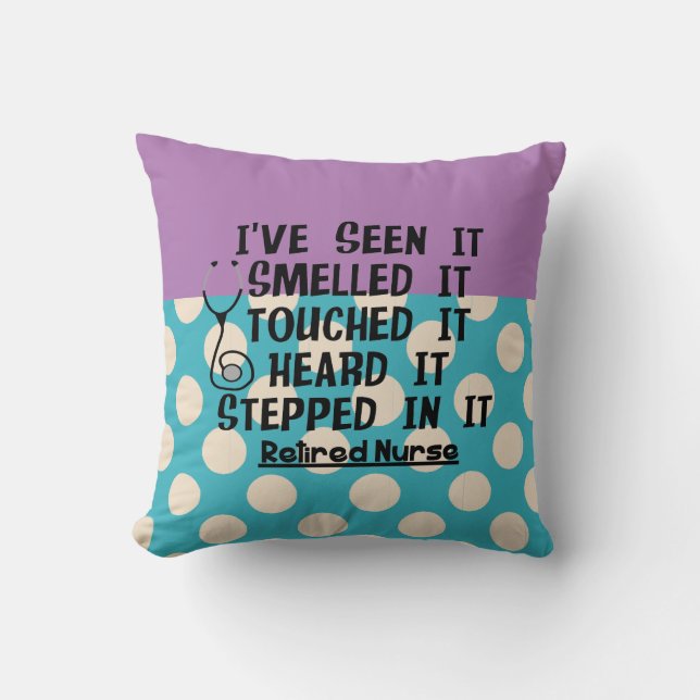 Nurse Retirement Pillow Teal Lavender Polka Dots (Front)