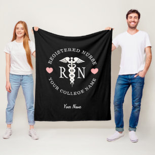 Nurse RN Black White Caduceus Graduation Monogram Fleece Blanket