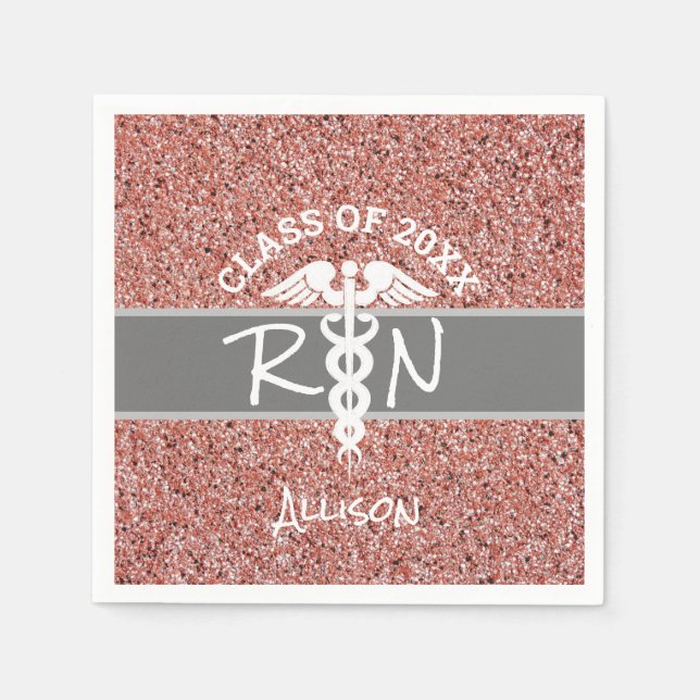 Nurse RN Caduceus Graduation Rose Gold Glitter Napkin (Front)