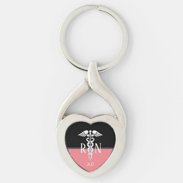 Nurse RN Caduceus Medical Silver Monogram Coral Key Ring (Front)