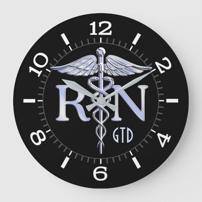 Nurse RN Caduceus Monogram Dial Style on Black Large Clock (Front)