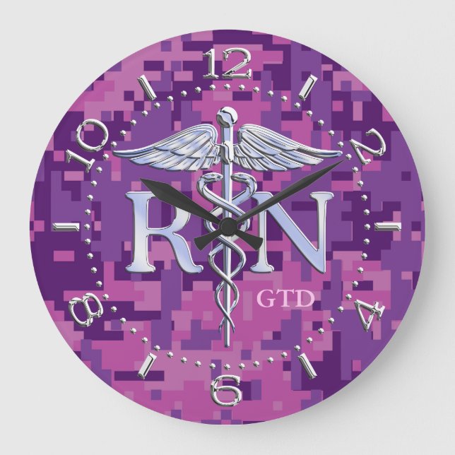 Nurse RN Caduceus Monogram Dial Style on Pink Camo Large Clock (Front)