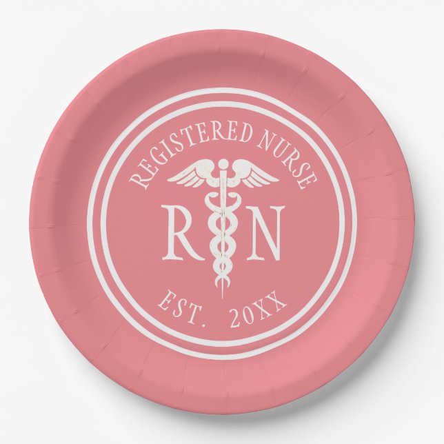 Nurse RN Coral Pink Graduation Party Paper Plate (Front)