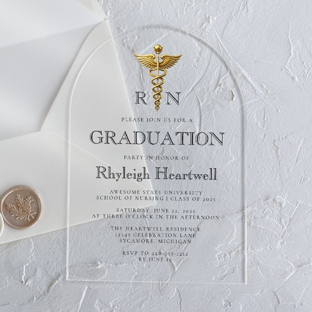 Nurse RN Gold Caduceus Arch Graduation Party Acrylic Invitations (Creator Uploaded)