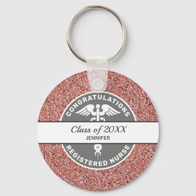 Nurse RN Graduate Year Pink Glitter Personalised Key Ring (Front)