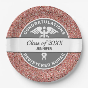 Nurse RN Graduation Rose Gold Glitter Personalised Paper Plate