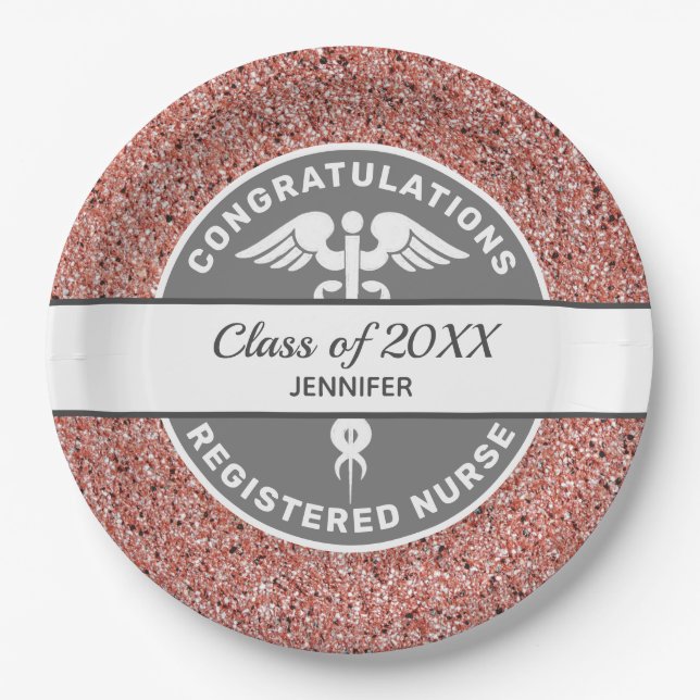 Nurse RN Graduation Rose Gold Glitter Personalised Paper Plate (Front)