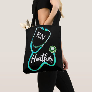 Nurse RN Green Teal Stethoscope Black Minimalist Tote Bag