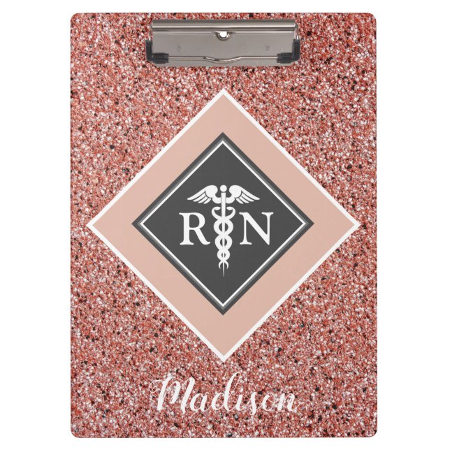 Nurse RN Rose Gold Glitter Script Personalised Clipboard (Front)
