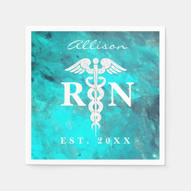 Nurse RN Turquoise Marble Custom Graduation Party Napkin (Front)