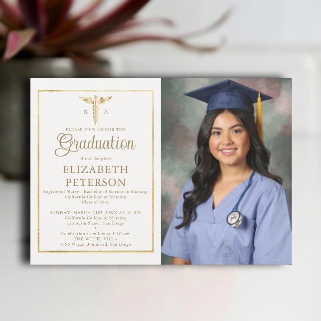 Nurse School Graduation Caduceum Gold Frame Ivory Invitation (nursing school graduation gold caduceum frame contemporary modern photo nurse ivory elegant classy)