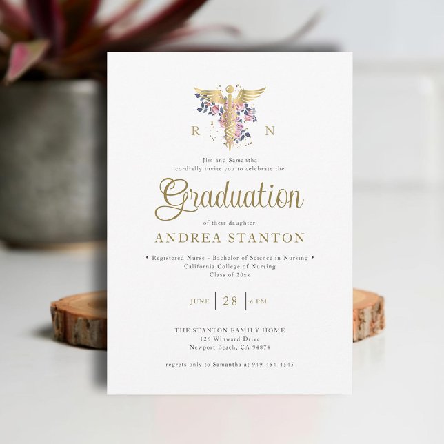Nurse School Graduation Caduceum Roses Chic Modern Invitation (nurse nursing school graduation gold caduceum contemporary modern elegant simple roses greenery)