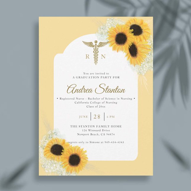 Nurse School Graduation Caduceum Sunflowers Frame Invitation (nursing school graduation gold caduceum sunflowers frame contemporary minimalist modern classy nurse)