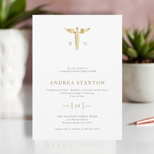 Nurse School Graduation Faux Gold Caduceum Modern Invitation (nursing school graduation gold caduceum elegant minimalist modern white simple classy nurse grad)